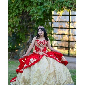 Sweetheart Neck Champagne On Red Quinceanera Dress Lace Appliques Sleeveless 15 Dresses