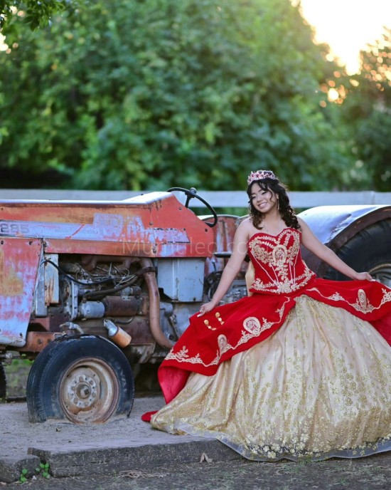 Sweetheart Neck Champagne On Red Quinceanera Dress Lace Appliques Sleeveless 15 Dresses