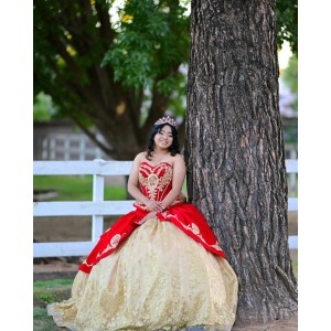 Sweetheart Neck Champagne On Red Quinceanera Dress Lace Appliques Sleeveless 15 Dresses