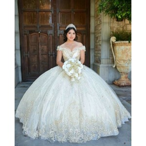 Sweetheart Neck Champagne Quinceanera Dress Metallic Sequin Off Shoulder 15 Dresses