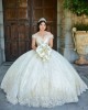 Sweetheart Neck Champagne Quinceanera Dress Metallic Sequin Off Shoulder 15 Dresses