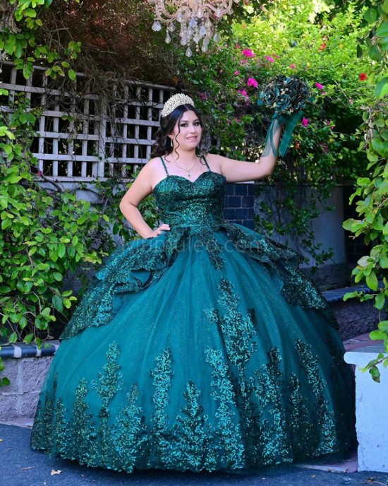 Sweetheart Neck Emerald Green Quinceanera Dress Metallic Sequin Sleeveless 15 Dresses