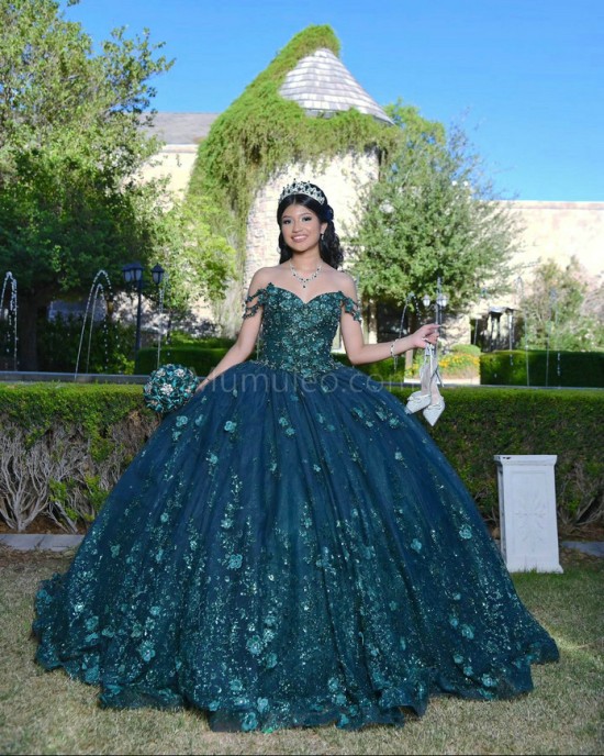 Sweetheart Neck Emerald Green Quinceanera Dress Sleeveless 15 Dresses With 3D Flowers