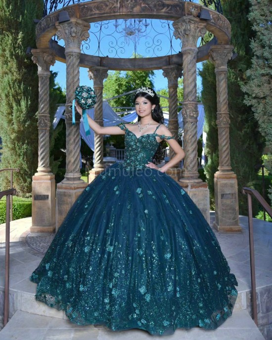 Sweetheart Neck Emerald Green Quinceanera Dress Sleeveless 15 Dresses With 3D Flowers