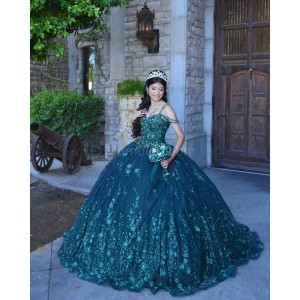 Sweetheart Neck Emerald Green Quinceanera Dress Sleeveless 15 Dresses With 3D Flowers