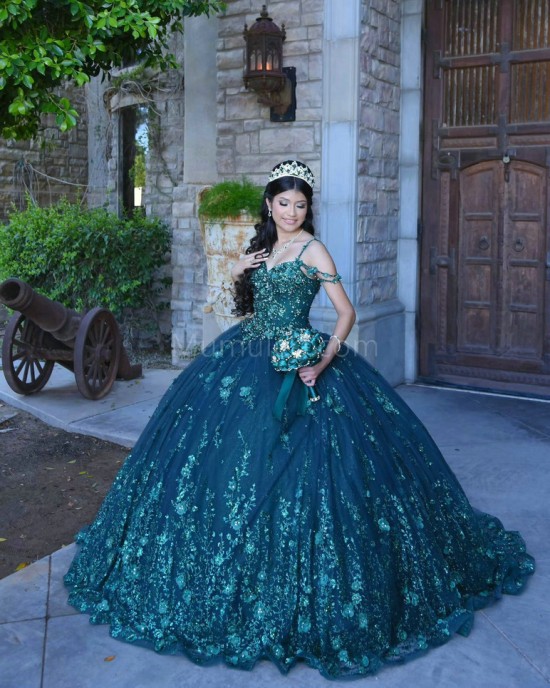 Sweetheart Neck Emerald Green Quinceanera Dress Sleeveless 15 Dresses With 3D Flowers