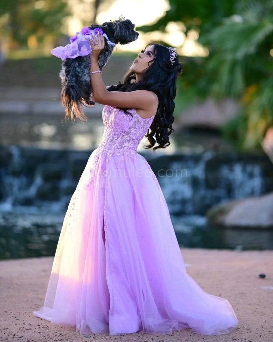 Sweetheart Neck Lilac Quinceanera Dress Lace Appliques Sleeveless 15 Dresses