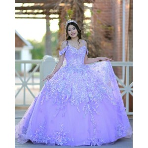 Sweetheart Neck Lilac Quinceanera Dress Metallic Sequin Off Shoulder 15 Dresses