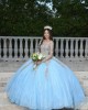 Sweetheart Neck Long Sleeve Sky Blue Quince Dresses Metallic Sequin 15 Dress