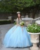 Sweetheart Neck Long Sleeve Sky Blue Quince Dresses Metallic Sequin 15 Dress