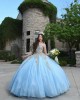 Sweetheart Neck Long Sleeve Sky Blue Quince Dresses Metallic Sequin 15 Dress