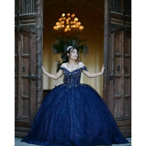 Sweetheart Neck Navy Blue Quinceanera Dress Metallic Sequin Off Shoulder 15 Dresses