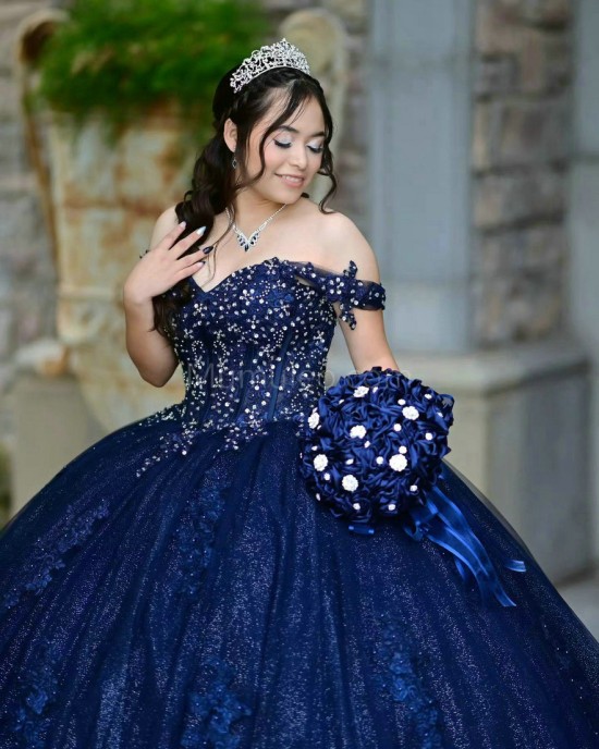 Sweetheart Neck Navy Blue Quinceanera Dress Metallic Sequin Off Shoulder 15 Dresses