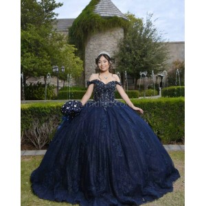 Sweetheart Neck Navy Blue Quinceanera Dress Metallic Sequin Off Shoulder 15 Dresses