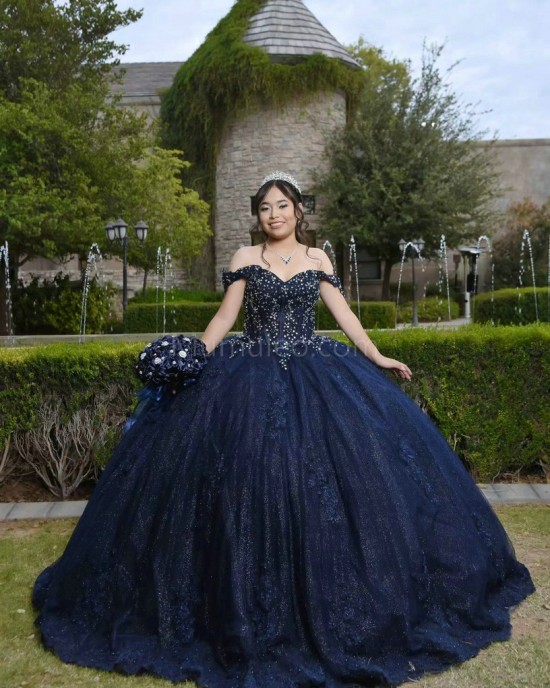 Sweetheart Neck Navy Blue Quinceanera Dress Metallic Sequin Off Shoulder 15 Dresses