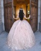 Sweetheart Neck Pink Quince Dresses Metallic Sequin Off Shoulder 15 Dress With 3D Flowers