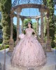 Sweetheart Neck Pink Quince Dresses Metallic Sequin Off Shoulder 15 Dress With 3D Flowers