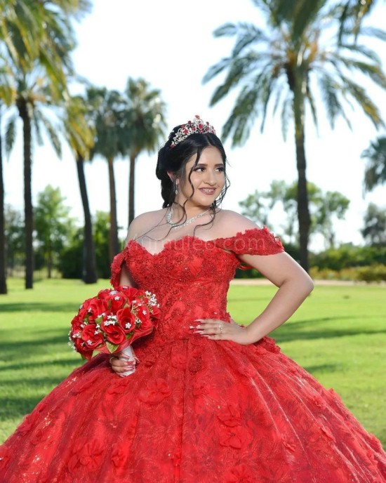 Sweetheart Neck Red Quince Dresses Metallic Sequin Off Shoulder 15 Dress