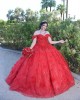 Sweetheart Neck Red Quince Dresses Metallic Sequin Off Shoulder 15 Dress