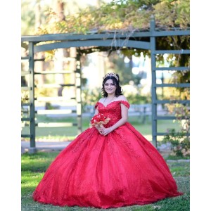 Sweetheart Neck Red Quinceanera Dress Metallic Sequin Off Shoulder 15 Dresses