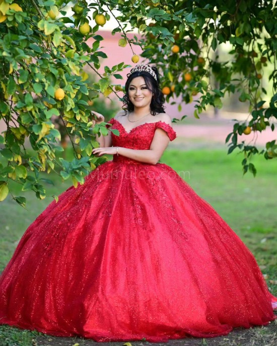 Sweetheart Neck Red Quinceanera Dress Metallic Sequin Off Shoulder 15 Dresses