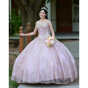 Sweetheart Neck Rose Glod Quinceanera Dress Metallic Sequin Off Shoulder 15 Dresses