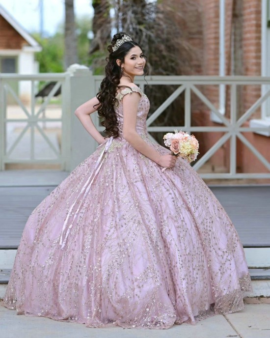 Sweetheart Neck Rose Glod Quinceanera Dress Metallic Sequin Off Shoulder 15 Dresses