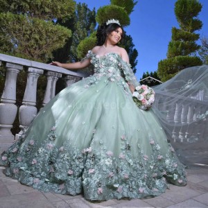 Sweetheart Neck Sage Green Quinceanera Dress Off Shoulder 15 Dresses With 3D Flowers