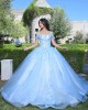 Sweetheart Neck Sky Blue Quinceanera Dress Lace Appliques Off Shoulder 15 Dresses