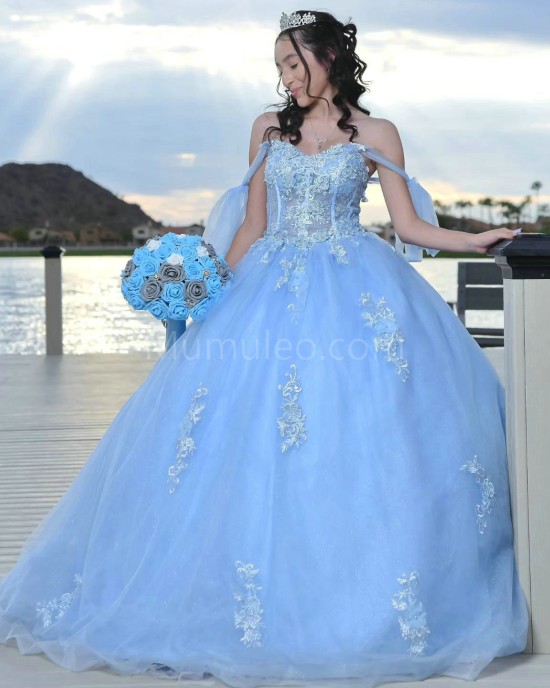 Sweetheart Neck Sky Blue Quinceanera Dress Lace Appliques Sleeveless 15 Dresses