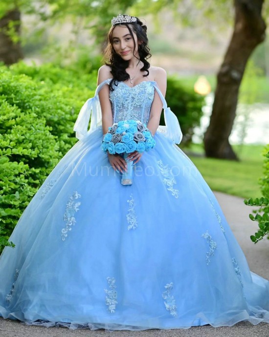 Sweetheart Neck Sky Blue Quinceanera Dress Lace Appliques Sleeveless 15 Dresses