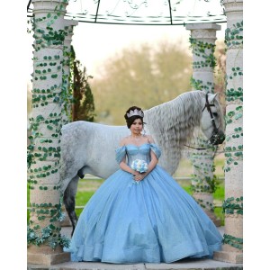 Sweetheart Neck Sky Blue Quinceanera Dress Off Shoulder Metallic Sequin 15 Dresses