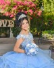 V Neck Sky Blue Quince Dresses Metallic Sequin Off Shoulder 15 Dress