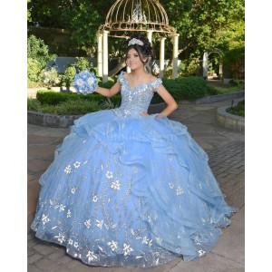 V Neck Sky Blue Quince Dresses Metallic Sequin Off Shoulder 15 Dress