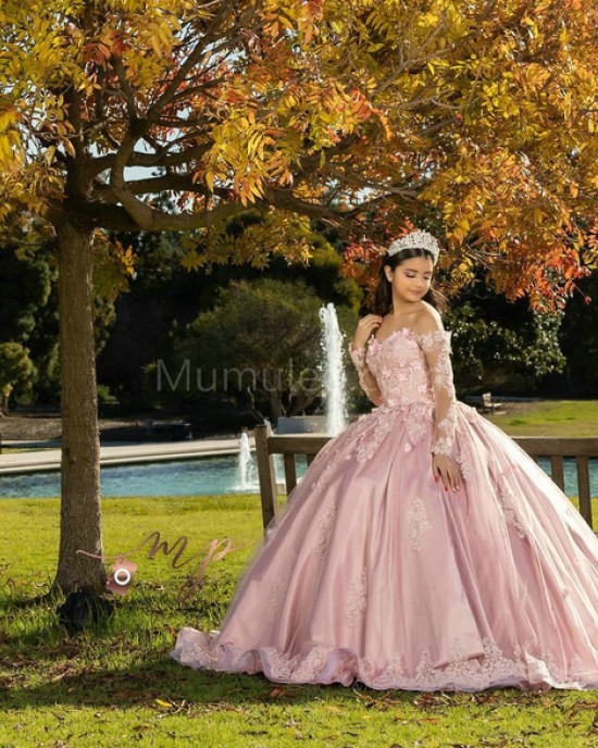 Long Sleeve Pink Quinceanera Dresses Sweetheart Neck Lace Appliques 15 Dress