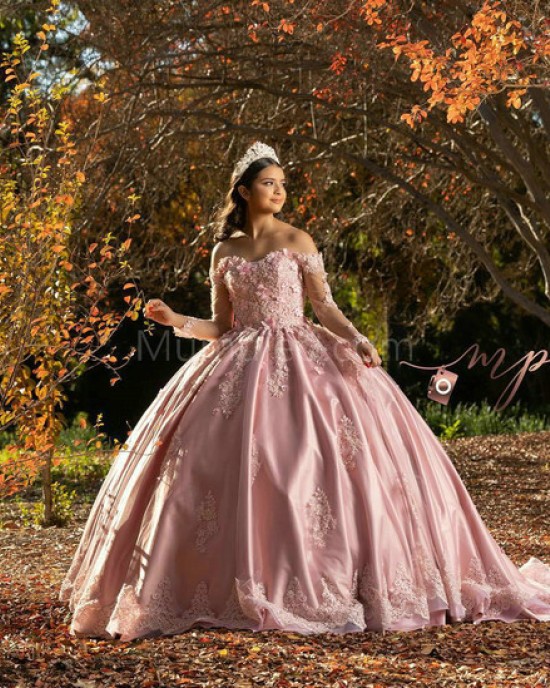 Long Sleeve Pink Quinceanera Dresses Sweetheart Neck Lace Appliques 15 Dress