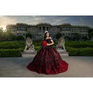 Off Shoulder Black On Red Quinceanera Dresses Lace Appliques V Neck 15 Dress