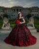 Off Shoulder Black On Red Quinceanera Dresses Lace Appliques V Neck 15 Dress