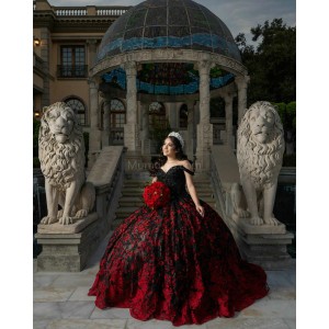 Off Shoulder Black On Red Quinceanera Dresses Lace Appliques V Neck 15 Dress