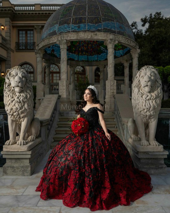 Off Shoulder Black On Red Quinceanera Dresses Lace Appliques V Neck 15 Dress