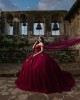 Off Shoulder Burgundy Quinceanera Dresses Sweetheart Neck Lace Appliques 15 Dress