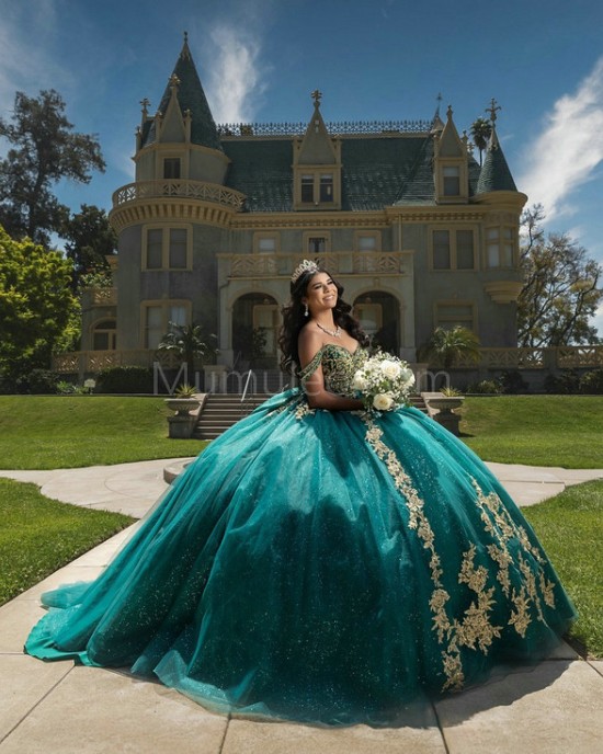 Off Shoulder Emerald Green Quinceanera Dresses Crystal Lace Appliques Sweetheart Neck 15 Dress