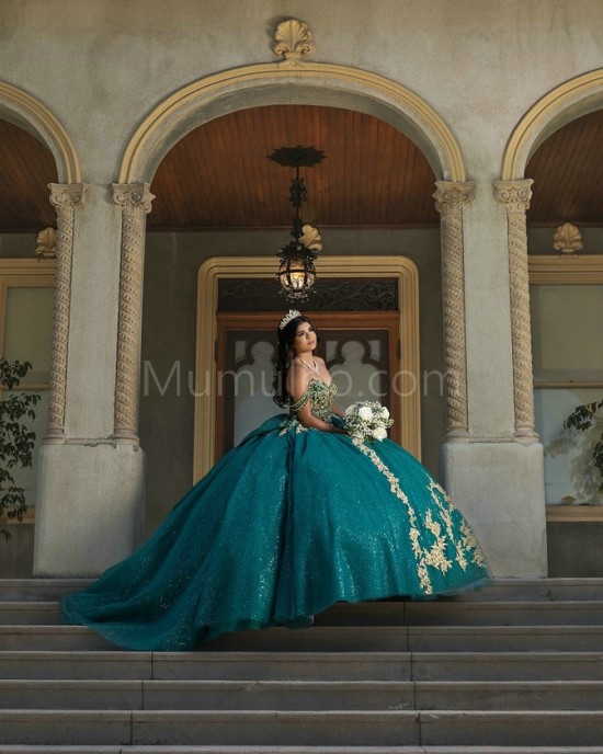 Off Shoulder Emerald Green Quinceanera Dresses Crystal Lace Appliques Sweetheart Neck 15 Dress