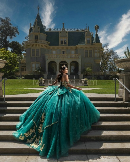 Off Shoulder Emerald Green Quinceanera Dresses Crystal Lace Appliques Sweetheart Neck 15 Dress