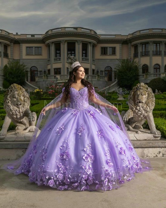 Off Shoulder Lilac Quinceanera Dresses V Neck Beading 15 Dress With 3D Flowers