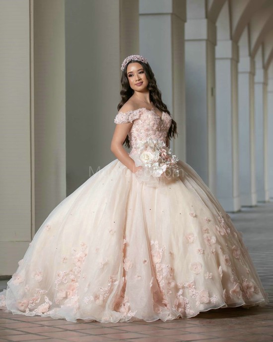 Off Shoulder Pink Quinceanera Dresses Sweetheart Neck 3D Flowers 15 Dress