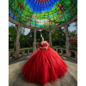 Off Shoulder Red Quinceanera Dresses Lace Appliques Sweetheart Neck Ball Gown 15 Dress