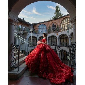 Off Shoulder Red Quinceanera Dresses Sweetheart Neck Ball Gown 15 Dress With 3D Flowers