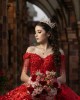 Off Shoulder Red Quinceanera Dresses Sweetheart Neck Ball Gown 15 Dress With 3D Flowers