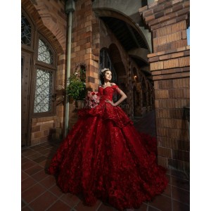 Off Shoulder Red Quinceanera Dresses Sweetheart Neck Ball Gown 15 Dress With 3D Flowers